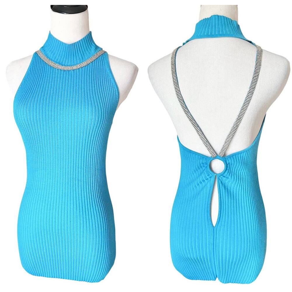 Boston Proper Blue Knit Backless Rhinestone Silk Turtleneck Tank Size Medium